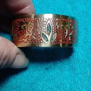 Elegant gold brass Red Green flower Floral leaf vintage cuff Bracelet smallwrist
